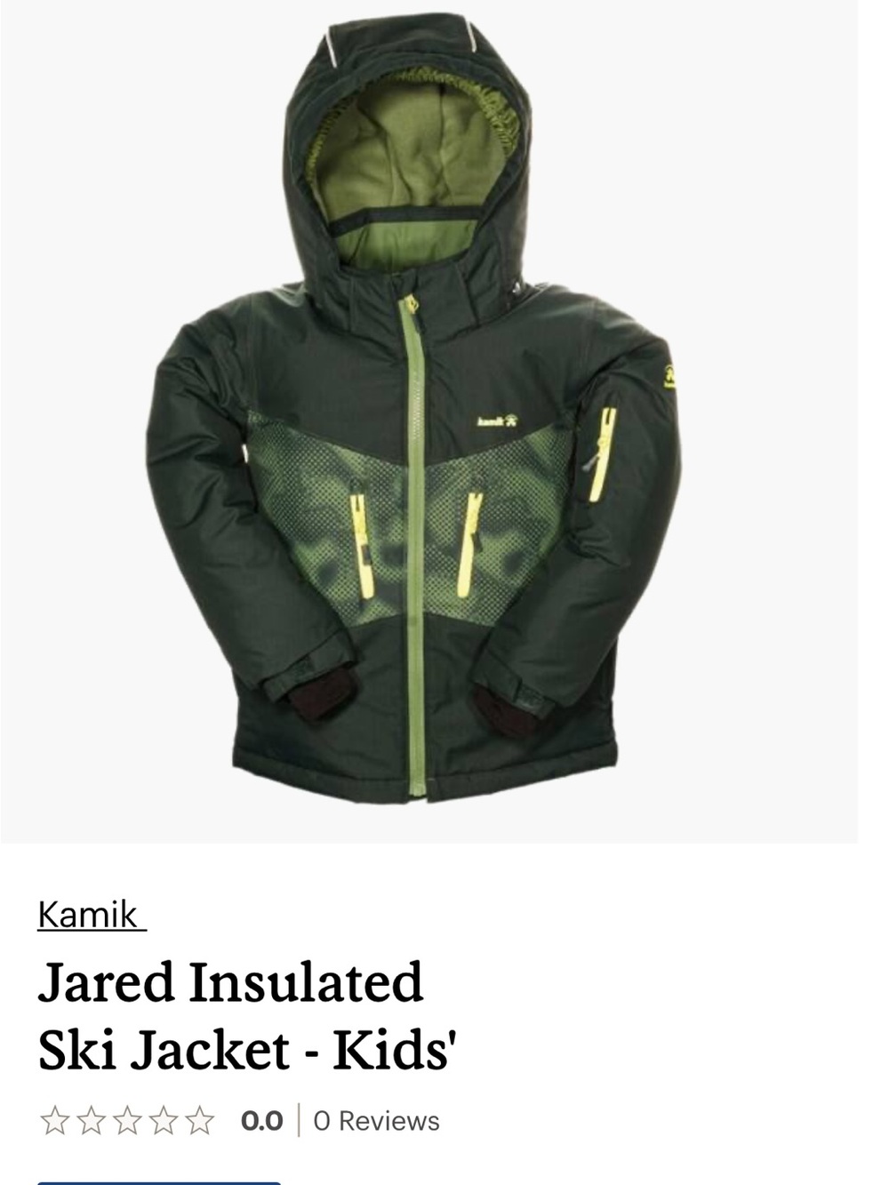 Kamik Kids' Hooded Winter Ski Jacket in Dark Green with Lime Accents | size 8